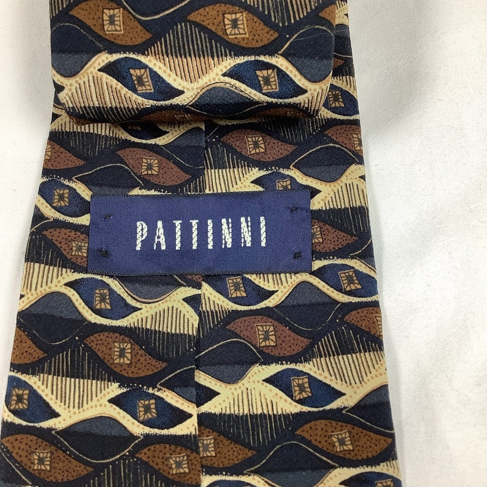 PATTINNI Silk Tie Italy Geometric‎ Abstract Men's Necktie Blue Brown Gold
